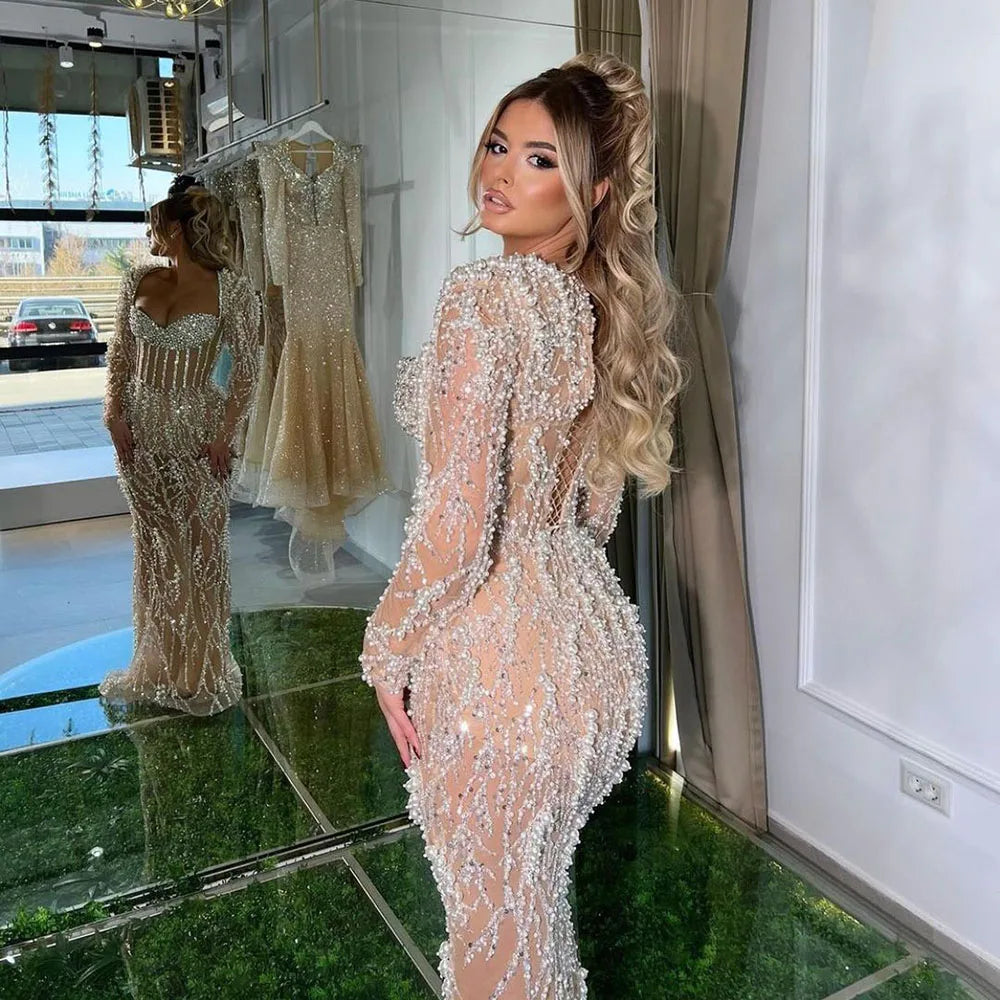 Serene Hill Dubai Luxury Pearls Beaded Nude Elegant Arabic Mermaid Evening Dress for Women - Wedding Party 2024 LA72361