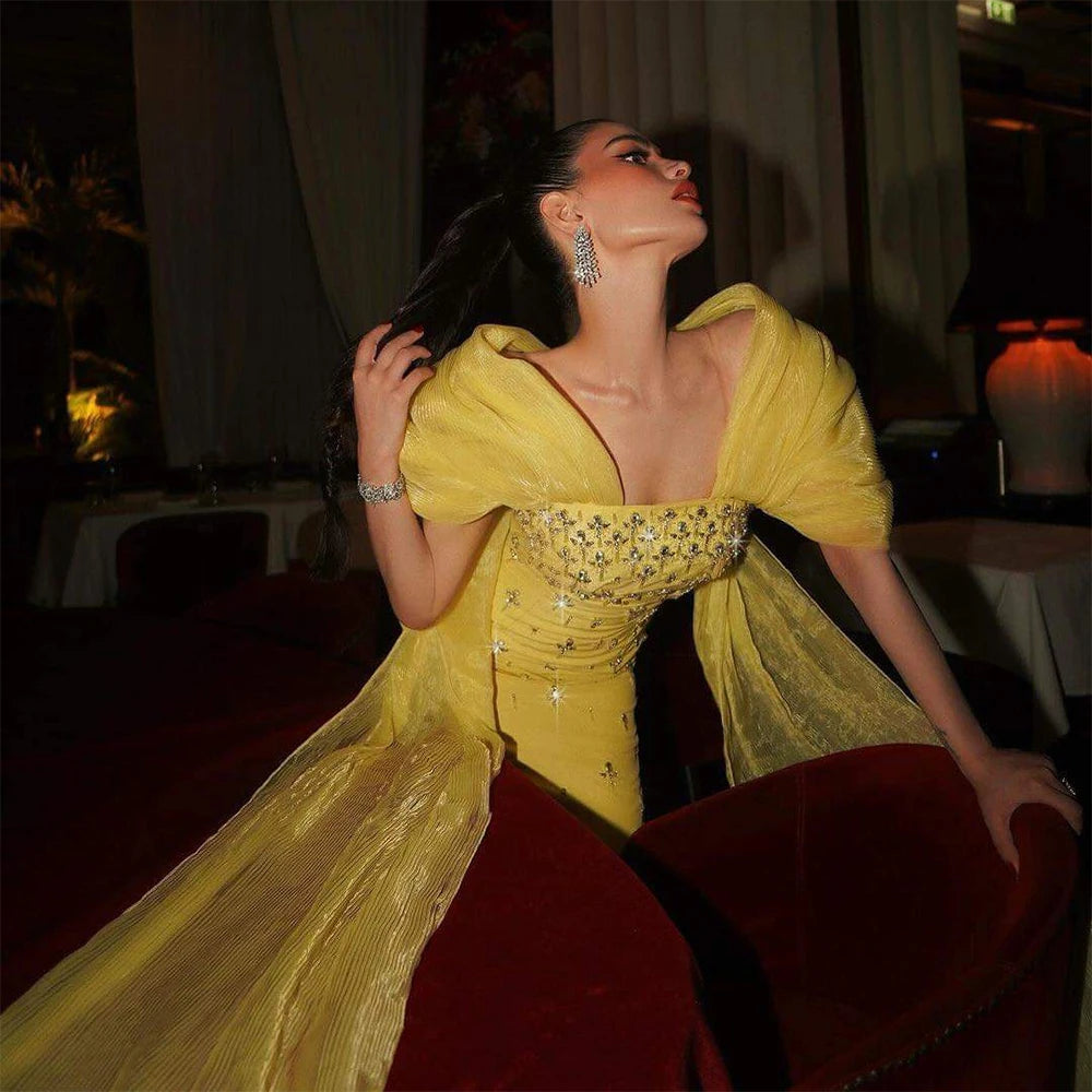 Serene Hill 2024 Elegant Yellow Saudi Arabic Ankle Length Evening Gown Beaded Dress for Formal Occasion LA72756
