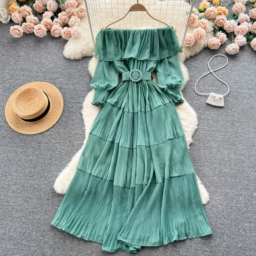 Vintage Pleated Slash Neck Off Shoulder High Waist Dress Long Sleeve Dress Chic Summer Beach Vestidos Women Vacation Sundress
