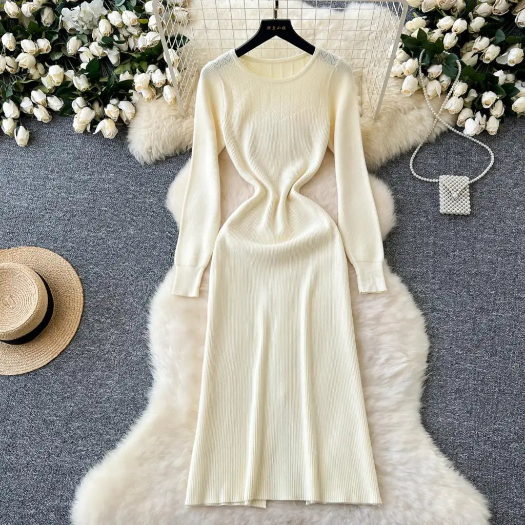 Elegant Solid Knitted Dress for Women Autumn French Vintage O-Neck Long Sleeve Fashion Evening Party Sweater Slim Midi Dresses