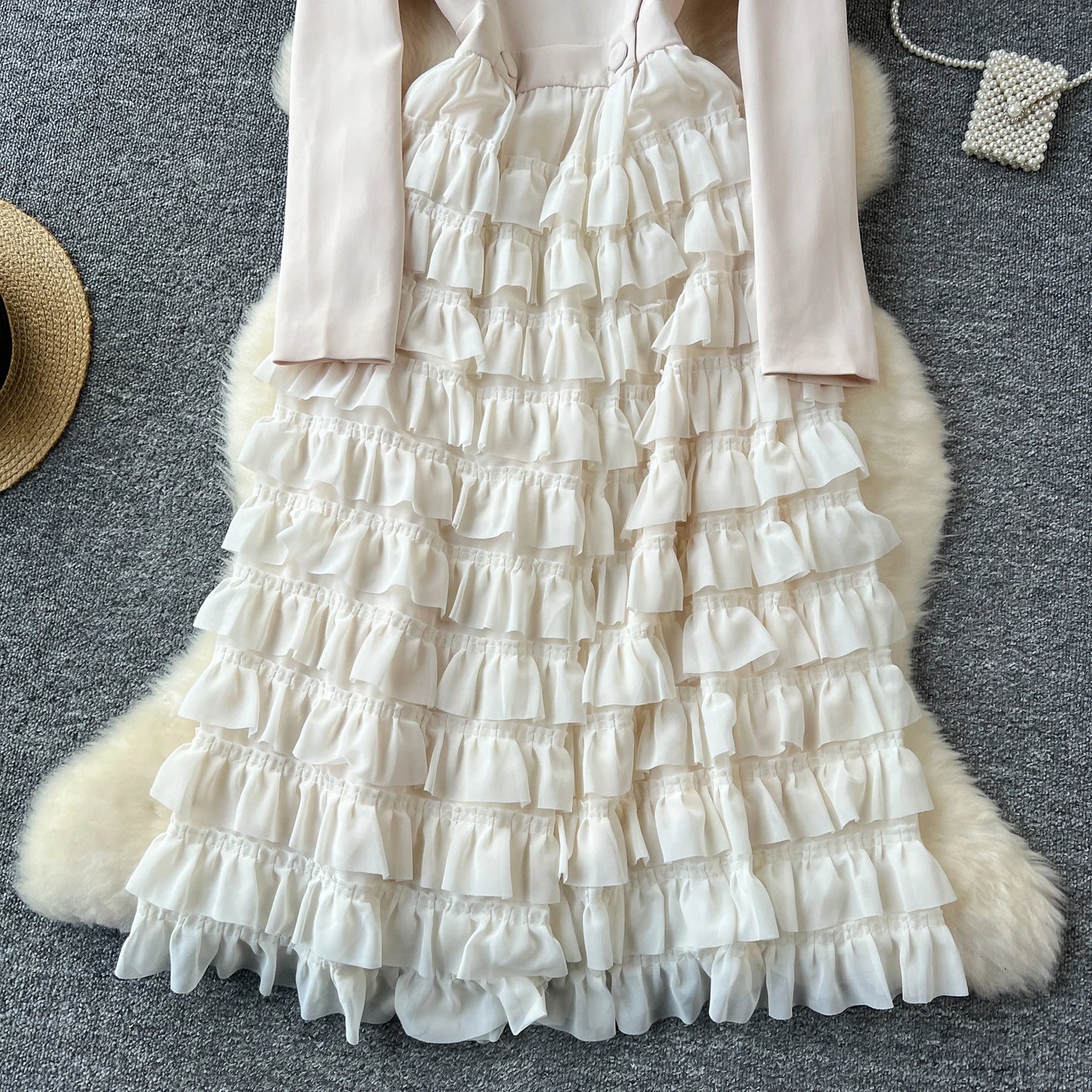 French Vintage Two Pieces Sets Notched lool sleeve mesh sweet A-line Chic PATCHWORK Women Summer dresses