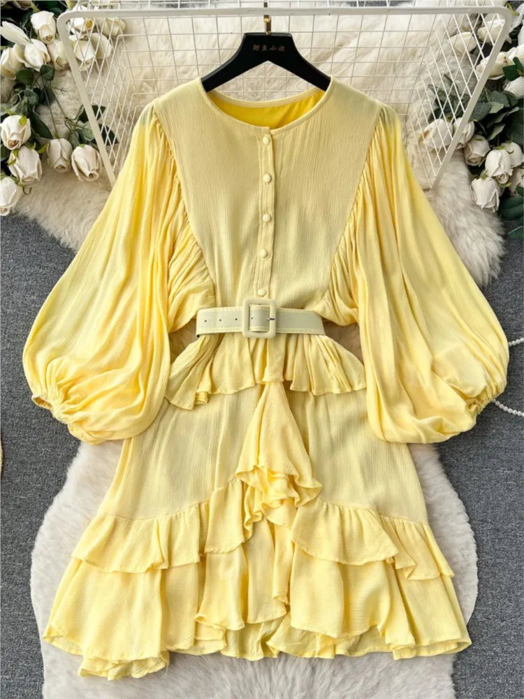 Vintage Puff Sleeve Ruffle Dress Women O-Neck A-Line Elegant Casual Party Prom Dresses Korean Autumn Fashion Female Vestidos New