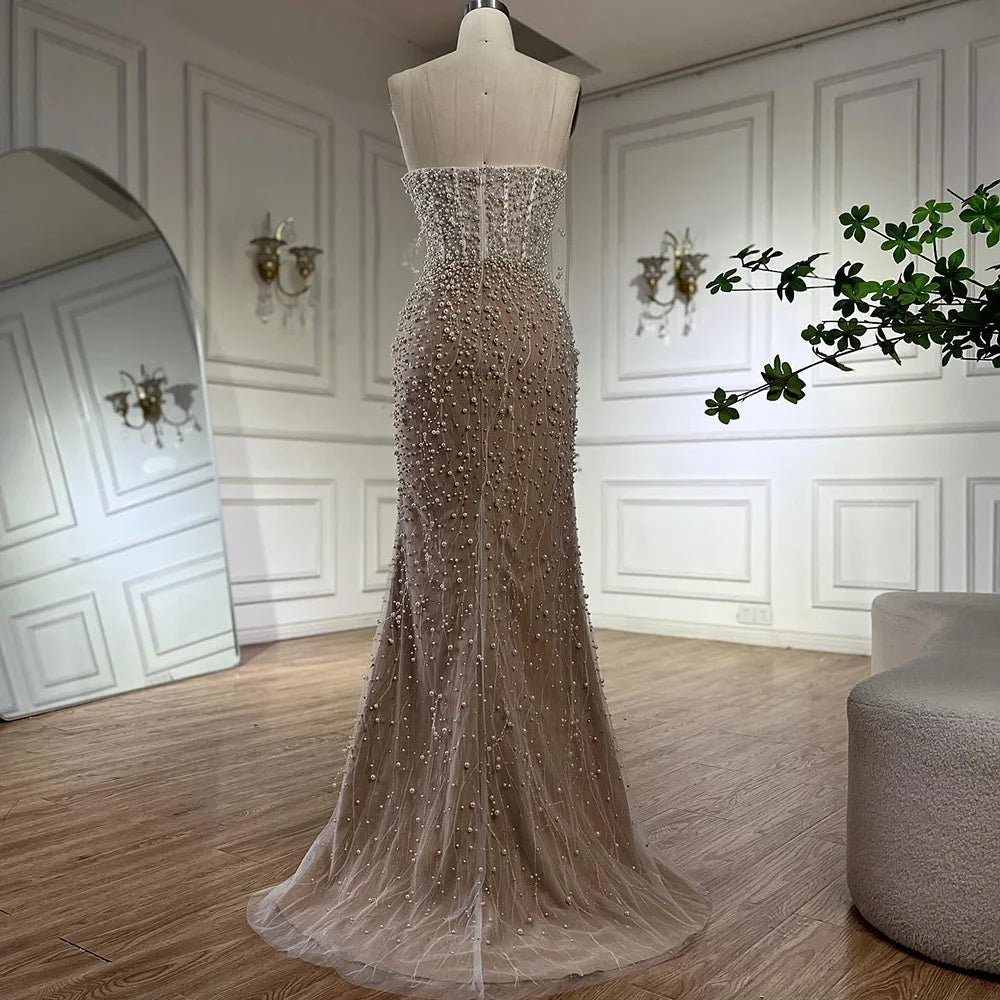 Serene Hill 2024 Arabic White Nude Mermaid Gown Pearls Beading High Split Luxury Dubai Evening Dress for Women's Party LA72544