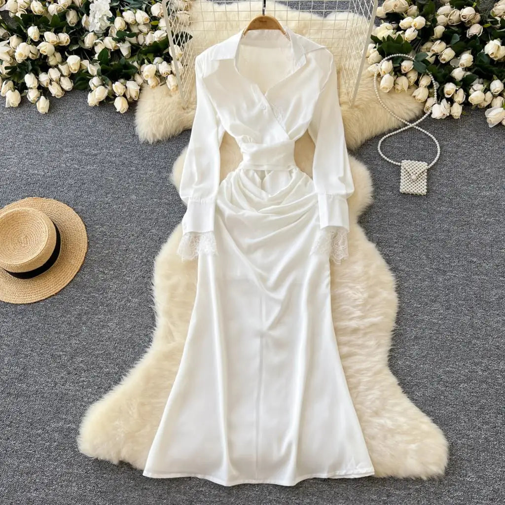 Elegant Solid Satin Midi Dress for Women Autumn Long Sleeve Lace Patchwork Office Work Shirt Dresses Lace-up Slim Waist Vestidos
