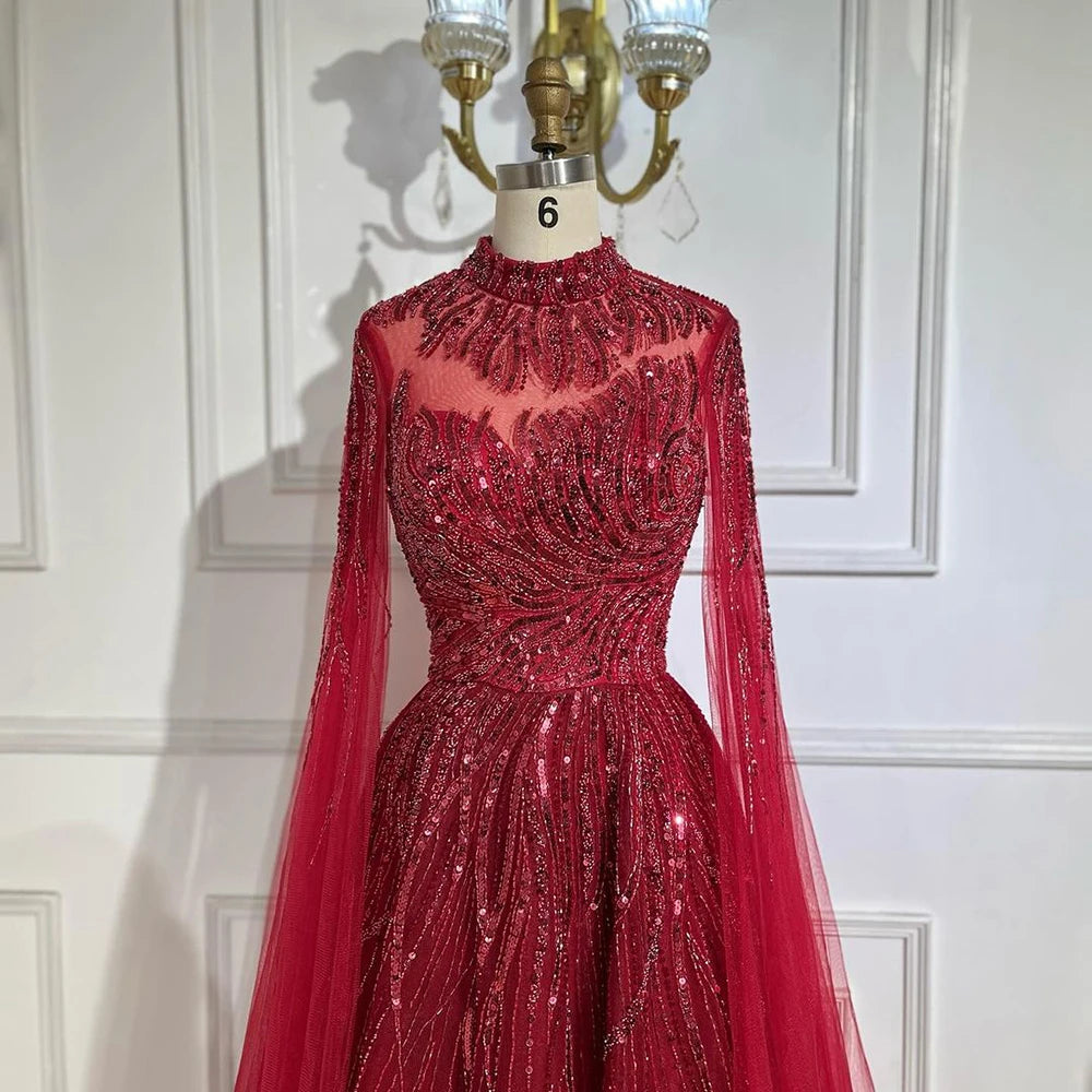 Serene Hill Caramel Luxury Evening Dresses with Cape Sleeves A-Line Beaded Lace Gown For Women's Wedding Party 2024 LA72386