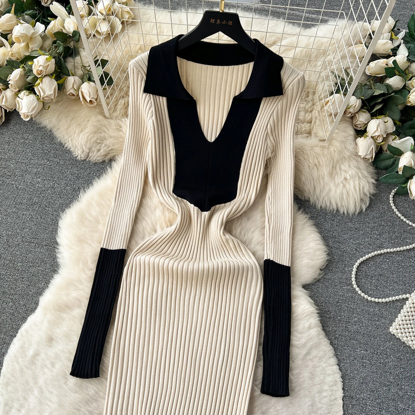 Elegant Polo-neck Long Sleeve Knit Bodycon Pencil Dress Slim Basic Fashion Sweater Vestido Sexy Women Autumn Winter Clothing