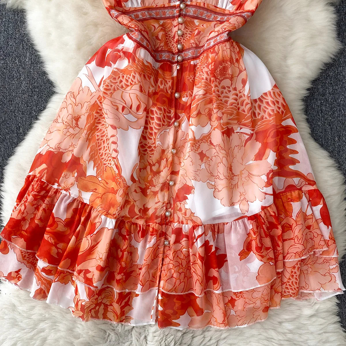 Short Dresses Women Cap Sleeve Vintage Print Chiffon Dress Faux Pearl Buttoned V Neck Ruffle Hem Wedding Elegant Party Dress