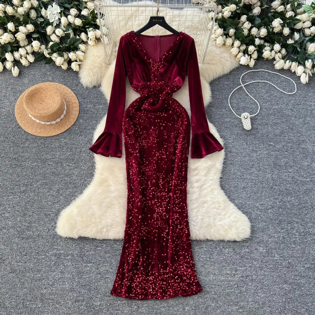 Women's Sexy Velvet Evening Gown Luxury Dresses V-Neck Flare Sleeve Split Long Dress Fashion Slim Robe Birthday Party Autumn New