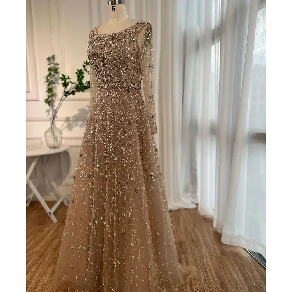 Dubai Arabic Designer Luxury Nude A Line Beaded Evening Dresses Gowns For Women Wedding Party 2023 BLA72088 Serene Hill