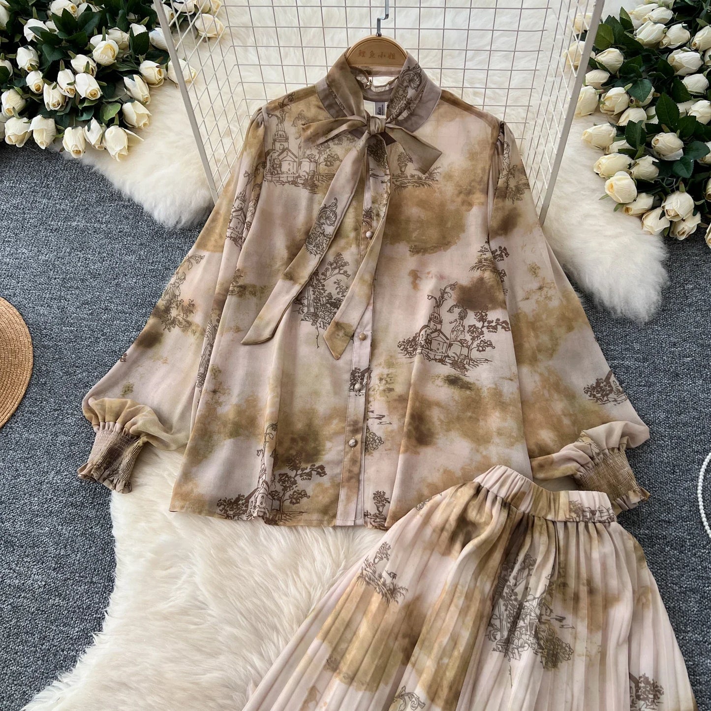 Women Chic Print Sweet Two Pieces Sets Bow Lantern Long Sleeve Top High Waitst Wide Skirt Fashion Summer Sets