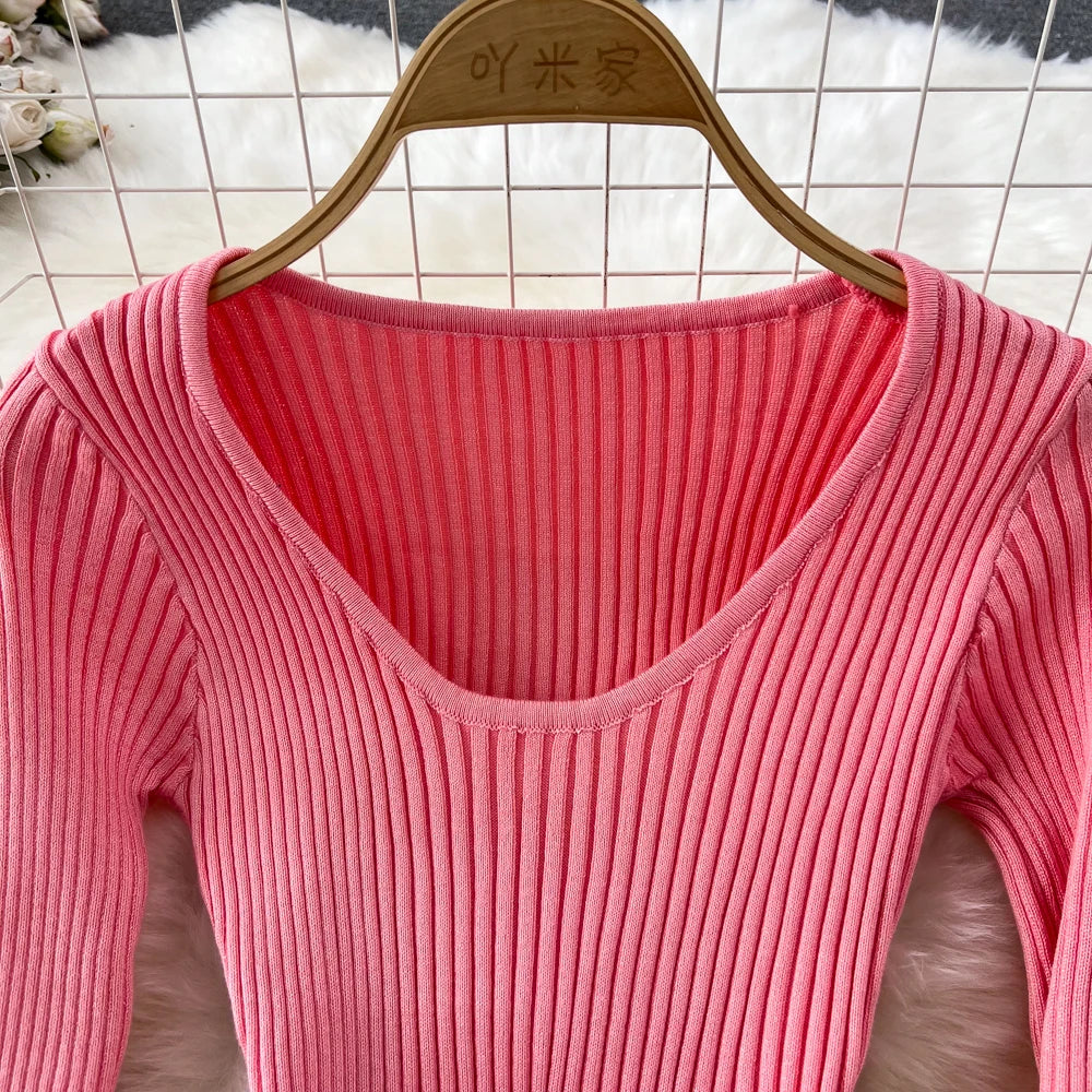 Women Chic Elegant Long Sleeve Bodycon Vneck Dress Sexy French Fashion Knit Wrap Vestidos Elastic Slim Pencil Sweater Dress