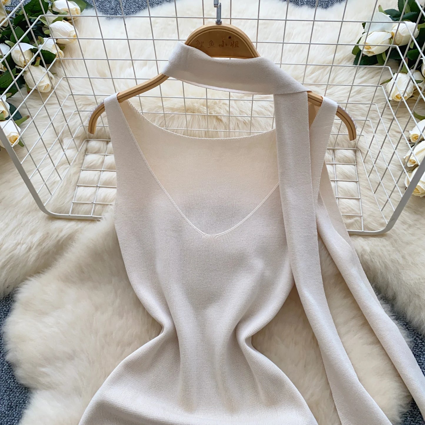 Sexy V-Neck Knitted Mini Dress for Women Elegant Spaghetti Strap Ribbon Slim Dresses One Piece Solid Female Clothes Autumn New