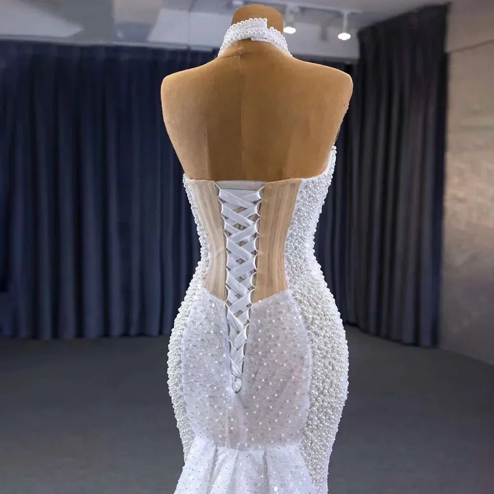 Serene Hill White champagne Mermaid Lace Up Luxury Pearls Beaded Bride Gowns Wedding Dress 2024 High End Custom Made HM231033