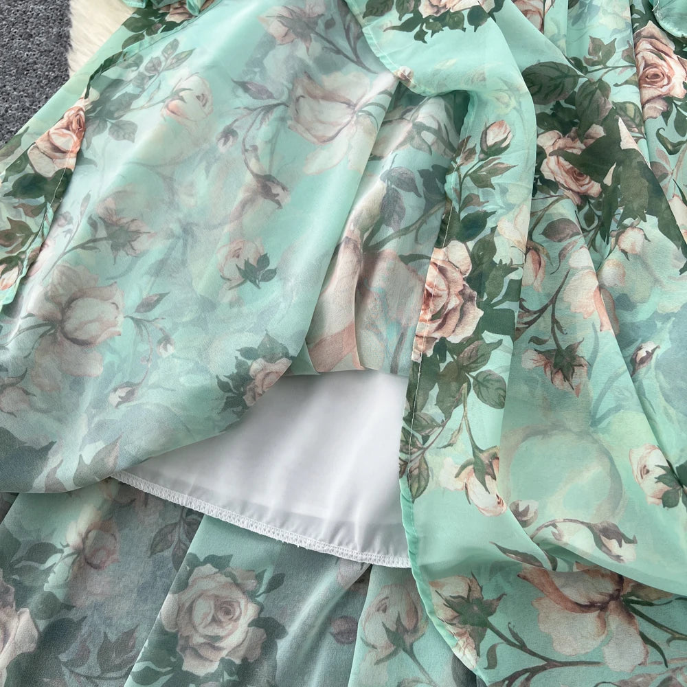 Women Elegant Floral Print Dress for Women Vintage V-Neck Long Sleeves Chiffon Slim A-Line Vestidos Mujer Autumn Female Clothes
