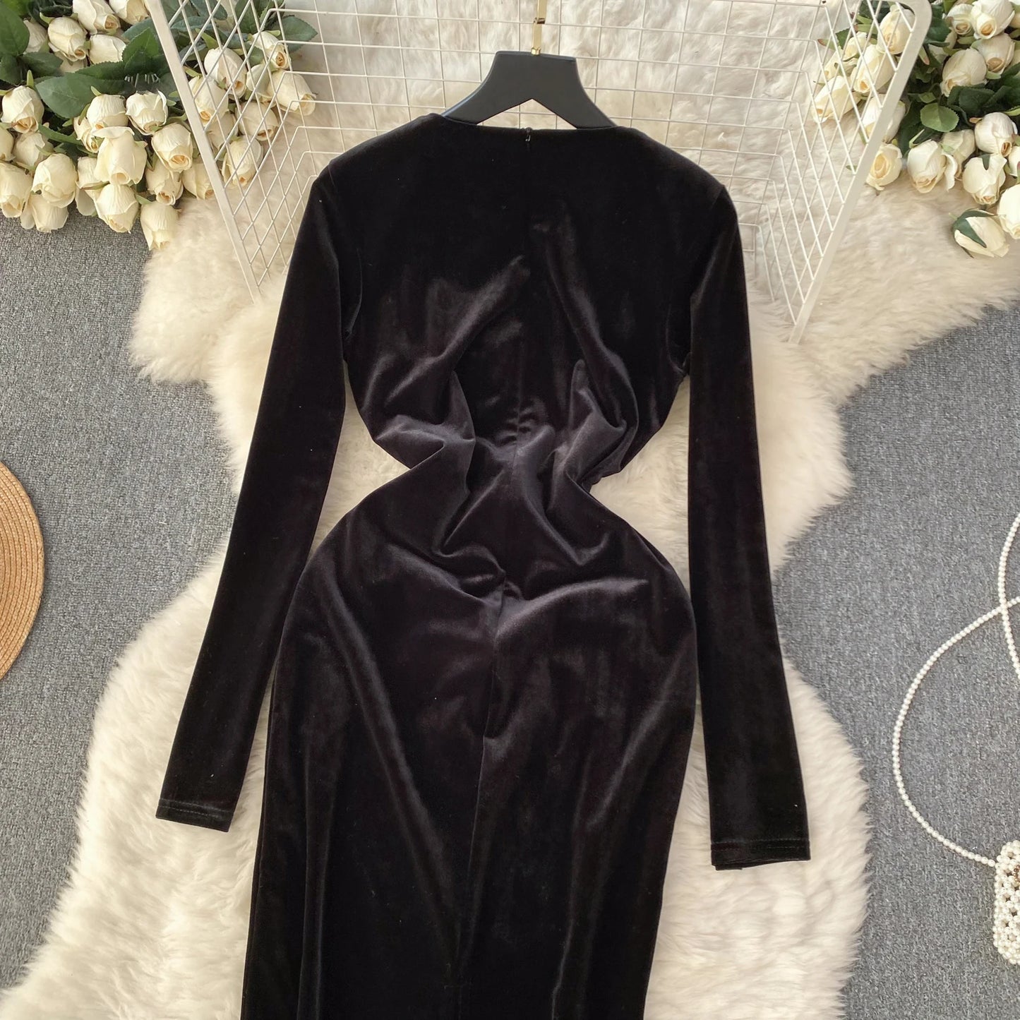 Chic Elegant Long Sleeve O Neck Rhine Stone Sequin Velvet Dress Sexy Vestidos High Waist Women Autumn Ceremonial Dress