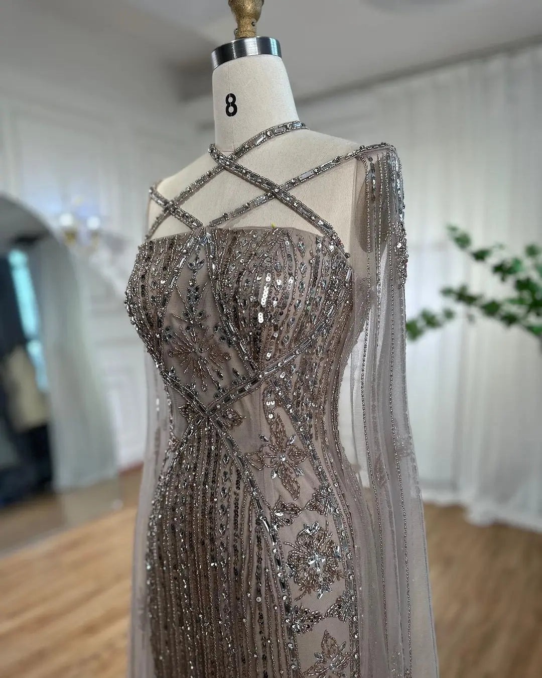 SERENE HILL Arabic Caramel Mermaid Elegant Cape Sleeves Beaded Luxury Evening Dresses 2024 Formal Gown For Women Party GLA71905A