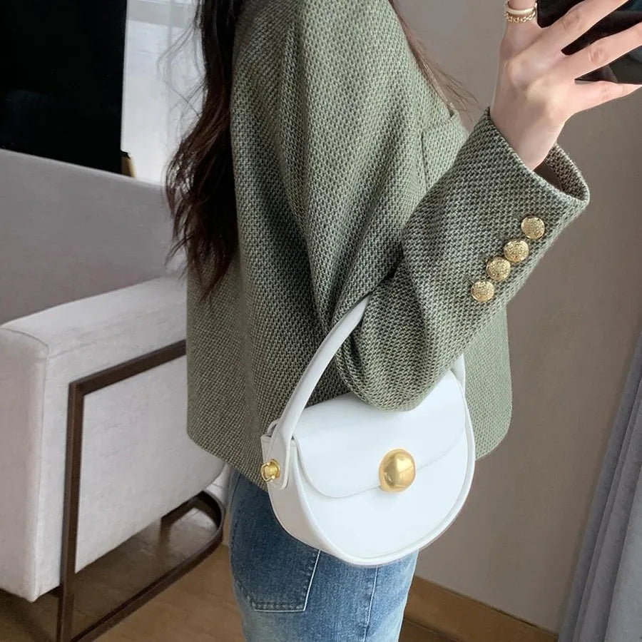 Women's Round Neck Blazer Jacket for Spring and Autumn Trendy Single Breasted Cropped Coat Small Fragrance Green Suit Outerwear