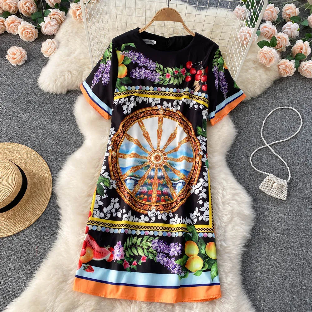 Summer Dresses Fashion Women Clothing 2023 Wedding Party Elegant Vintage Print Dress Round Neck Short Sleeve Straight Mini Dress