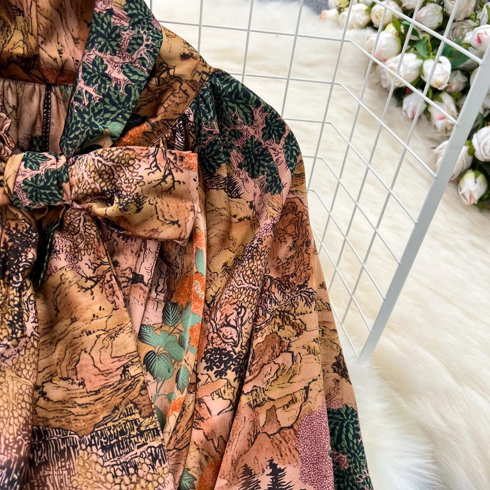 Elegant Casual A-Line Vintage Ruffle Print Long Dress Autumn Lantern Sleeve Party Boho Dresses Beach Holiday Female Vestidos