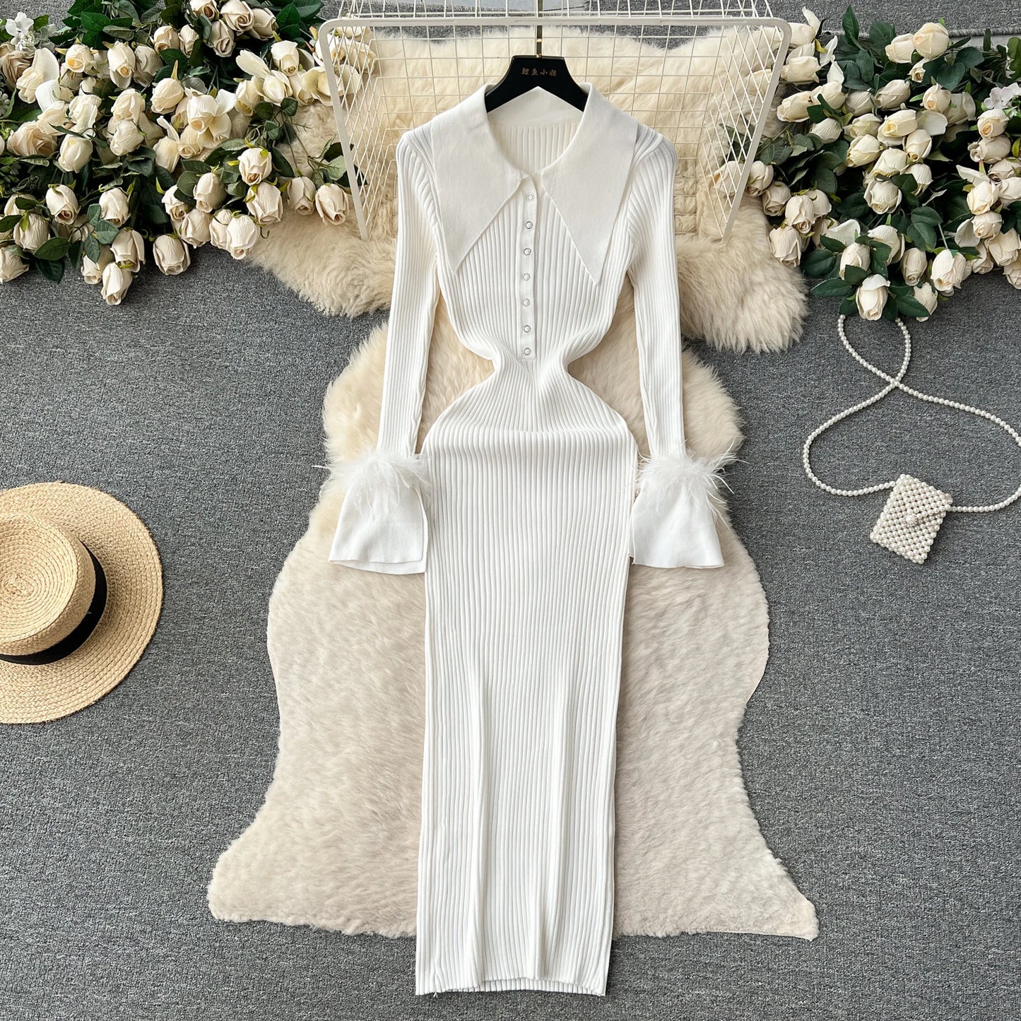 Elegant Turn-down Collar Feather Long Sleeve Knit Bodycon Pencil Dress Slim Fashion Sweater Vestido Sexy Women Winter Clothing