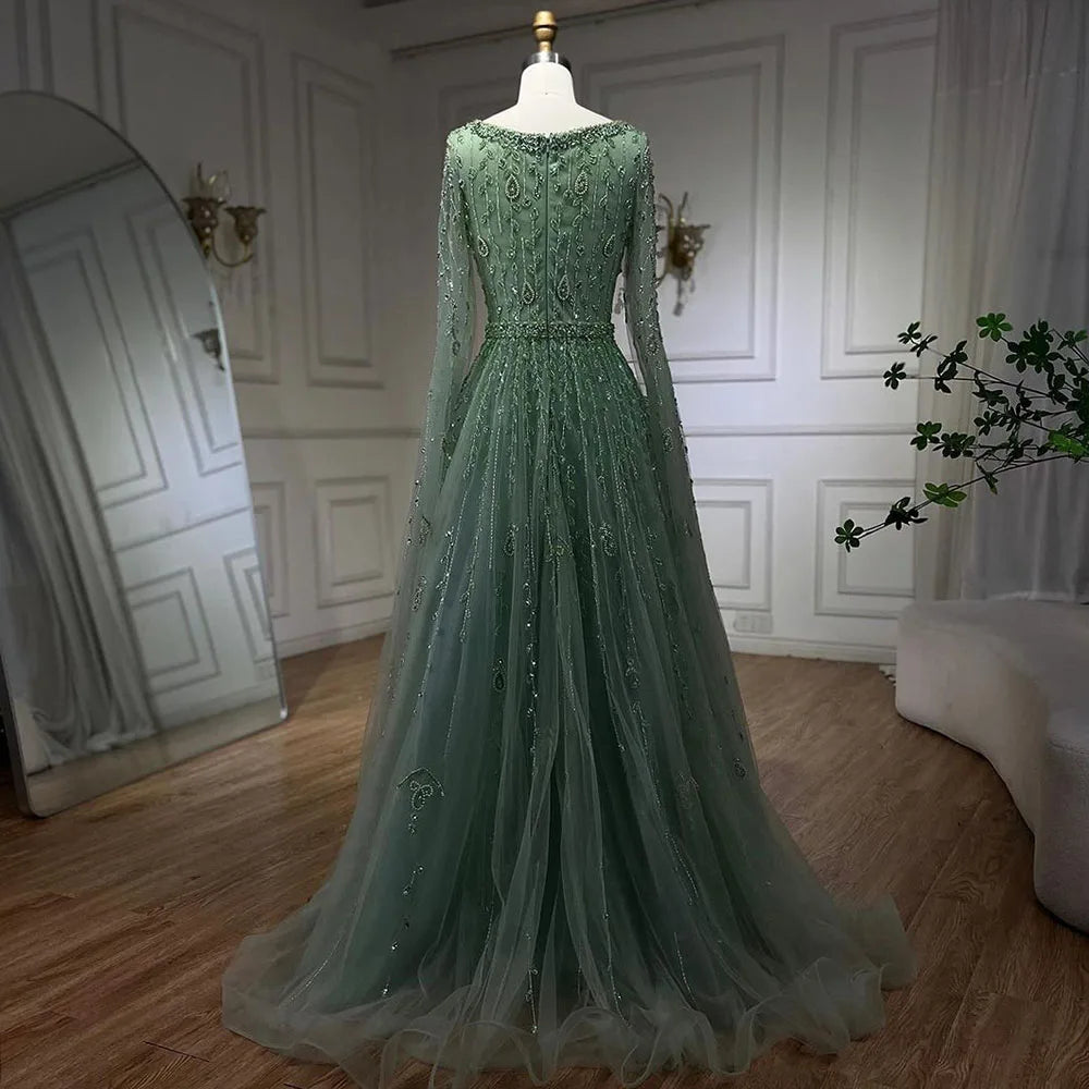 Serene Hill 2024 Muslim Pink A Line Beaded Elegant Cape Sleeve Luxury Evening Dresses Gowns For Women Wedding Party LA71803A