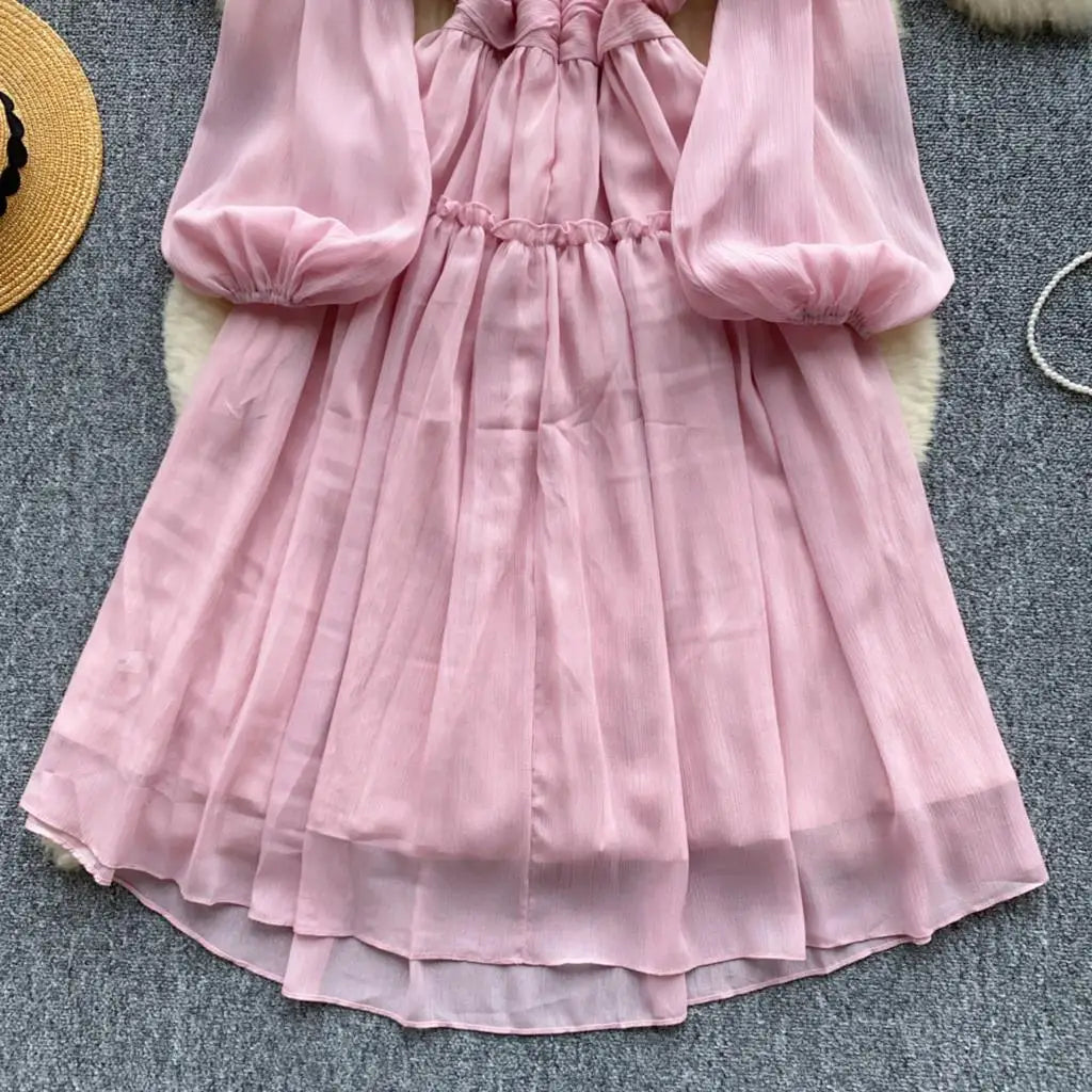 Elegant Tassel Beaded Lantern Sleeve Midi Dress Women French Stand Collar Slim A-Line Pleated Female One Piece Casual Mujer New