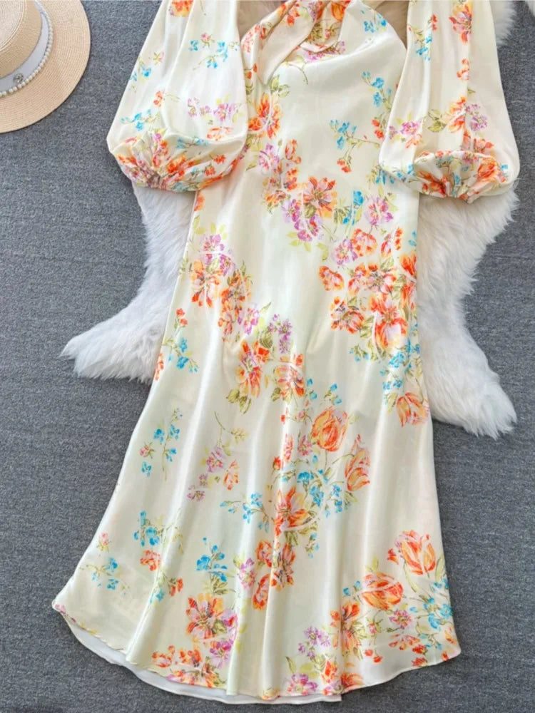 Sexy Bodycon Satin Floral Long Dresses for Women Lantern Sleeve V-Neck Slim Mermaid Evening Party Dress Prom Robe New Vestidos