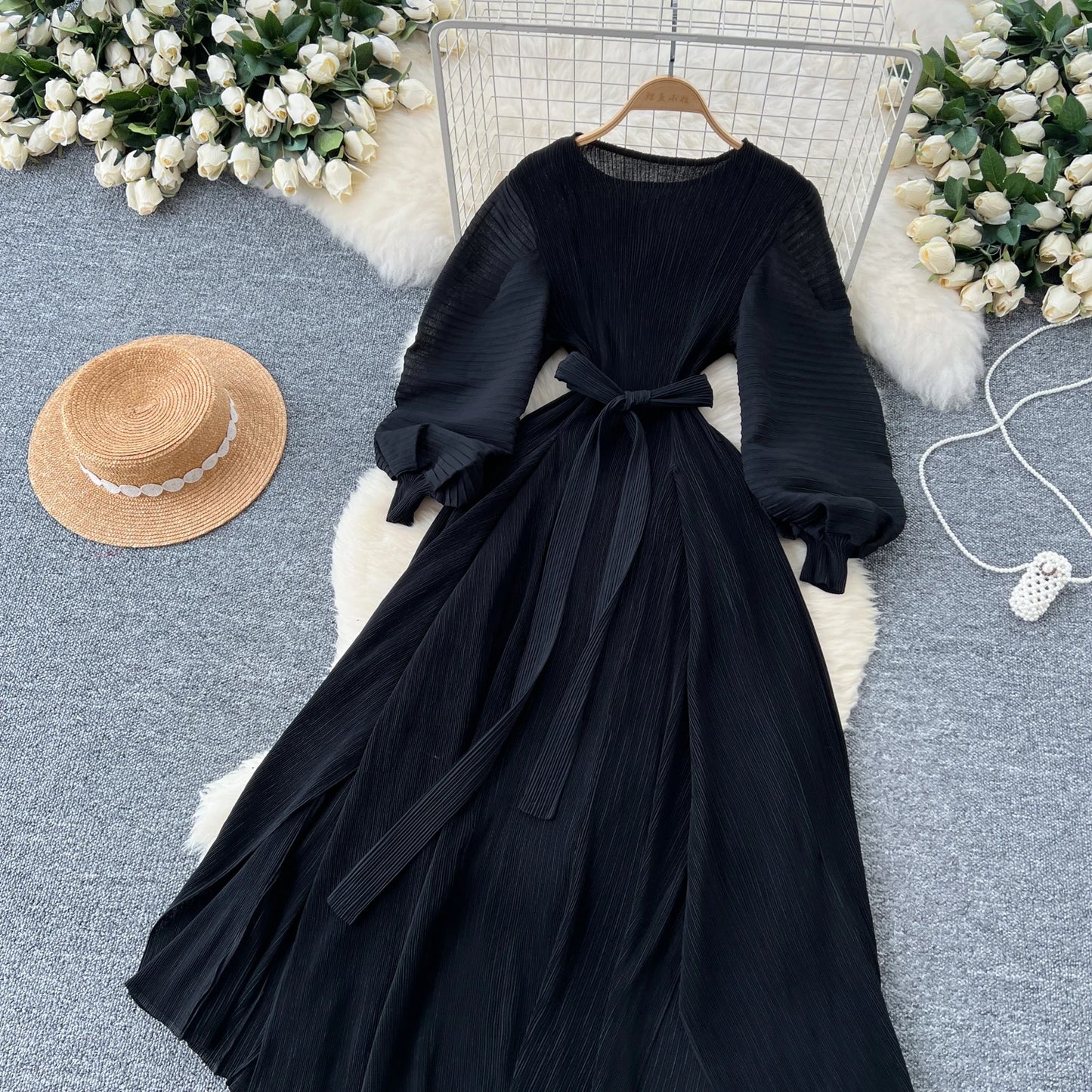 Vintage Elegant Lantern Sleeve Sweet Pleated Dress Women Basics Fashion Summer Spring Dresse