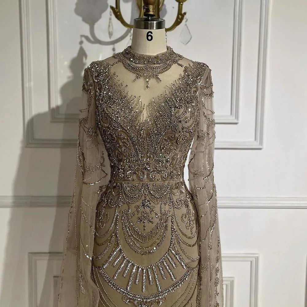 Serene Hill Dubai Gray Elegant Mermaid Beaded Lace Arabic Luxury Evening Dresses Gowns 2024 for Women Wedding Party LA72517