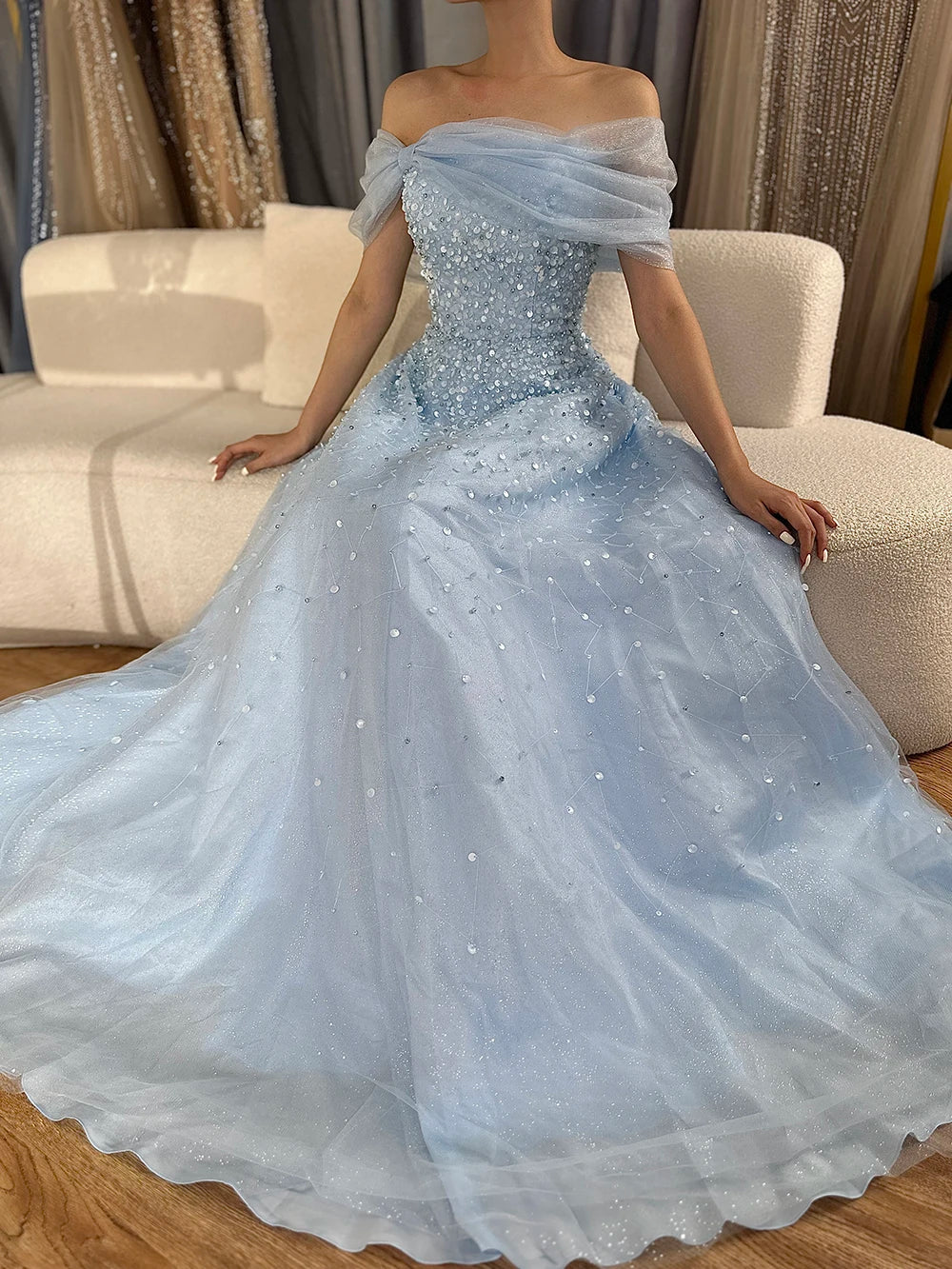 Serene Hill 2024 Arabic Blue Off The Shoulder Beaded Elegant A-Line Long Evening Dresses Gowns for Formal Occasion LA72009A
