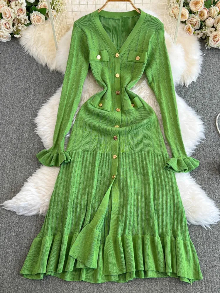 Women Vintage Mermaid Knitted Dress Elegant Casual Single Breasted Bodycon Slim Evening Dresses Female One Piece Clothes Mujers