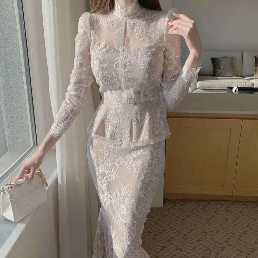 Elegant and Slim fitting Semi Transparent Lace Set Women's Spring Temperament Long Sleeved Top+Long Fishtail Skirt Two-piece