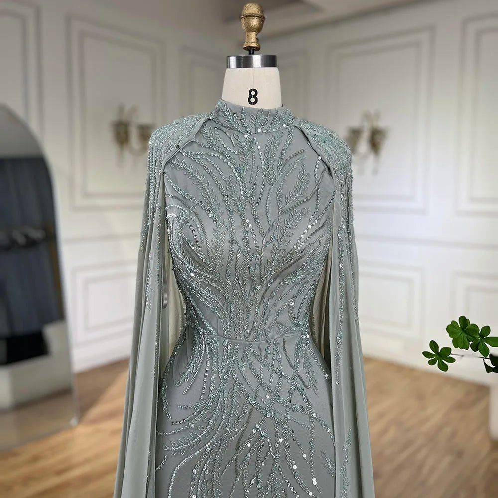 Serene Hill 2024 Saudi Arabic Pink Mermaid Evening Dress With Beaded Satin Long Cape For Formal Occasion LA72413A