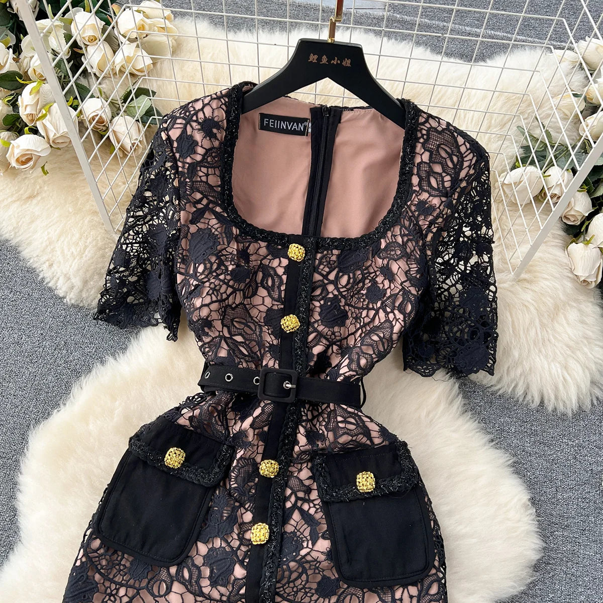Luxury Wedding Elegant Party Dresses Women Golden Button Openwork Lace Dress Square Neck Short Sleeve Black Mini Dress With Belt