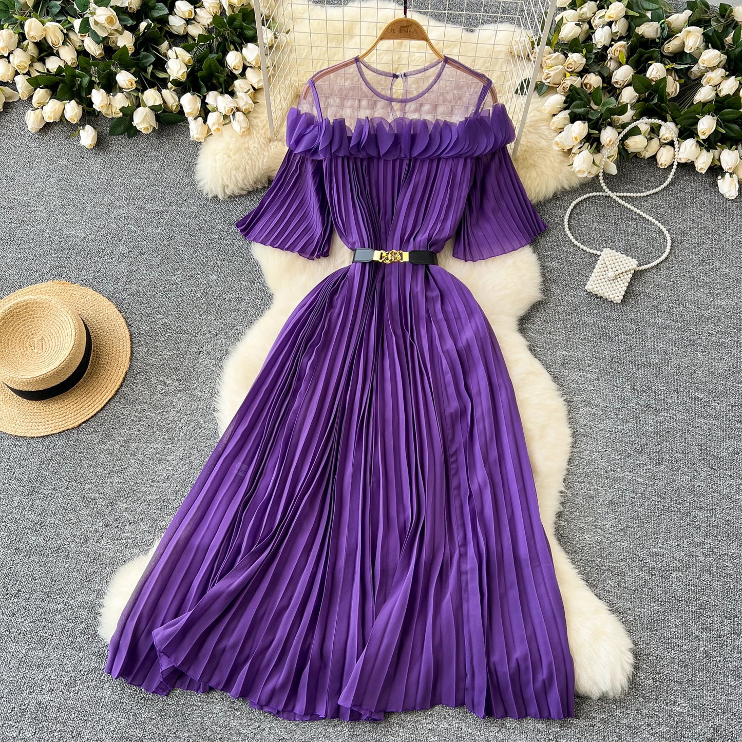 French mesh PATCHWORK Three-dimensional flower Sweet Dress Women Summer Waist Cinching pleated chiffon Dresses