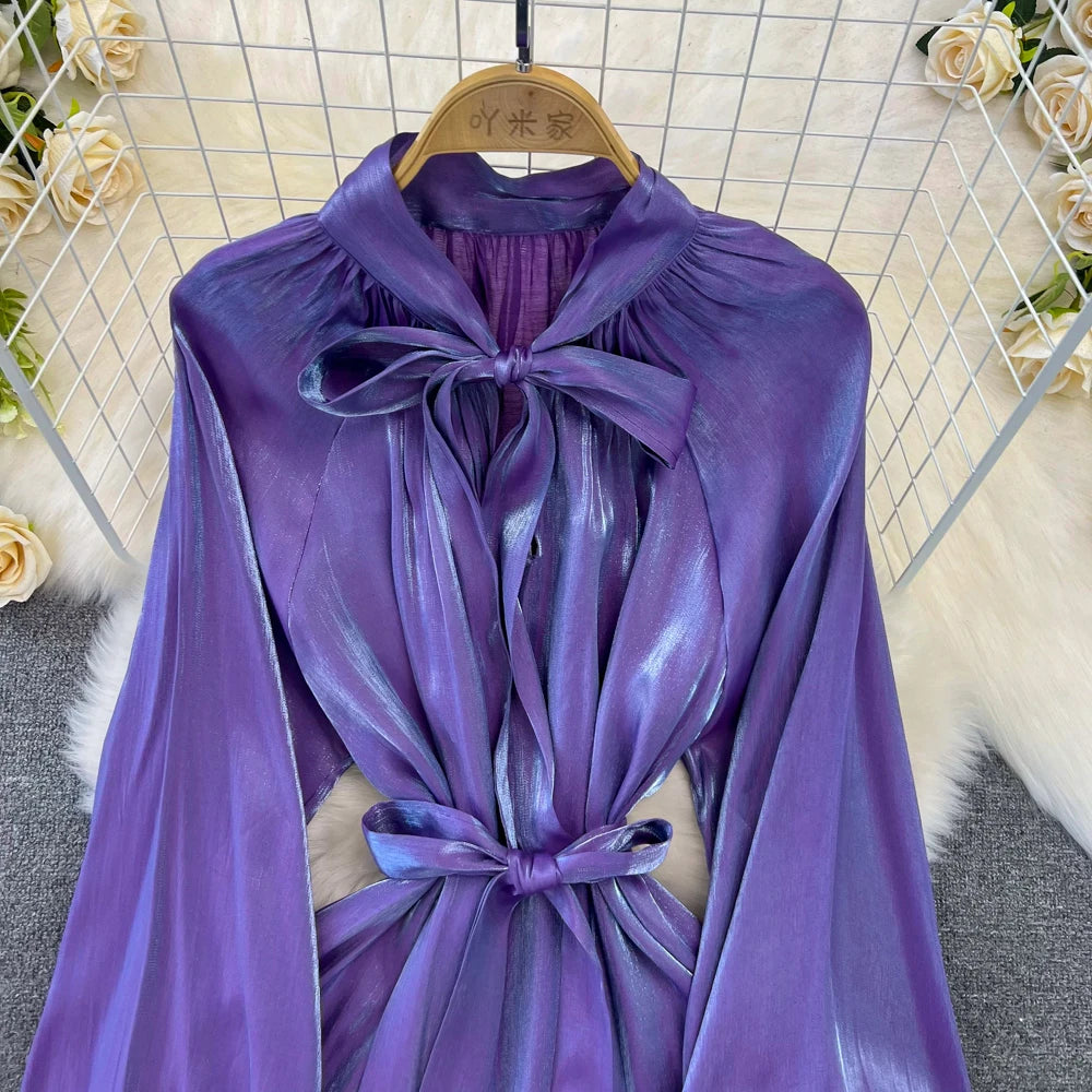 Autumn Elegant Women Fashion Party Long Dress Bow Lace Up Long Sleeve Evening Dresses A-Line Casual Vestidos One Piece Prom Robe