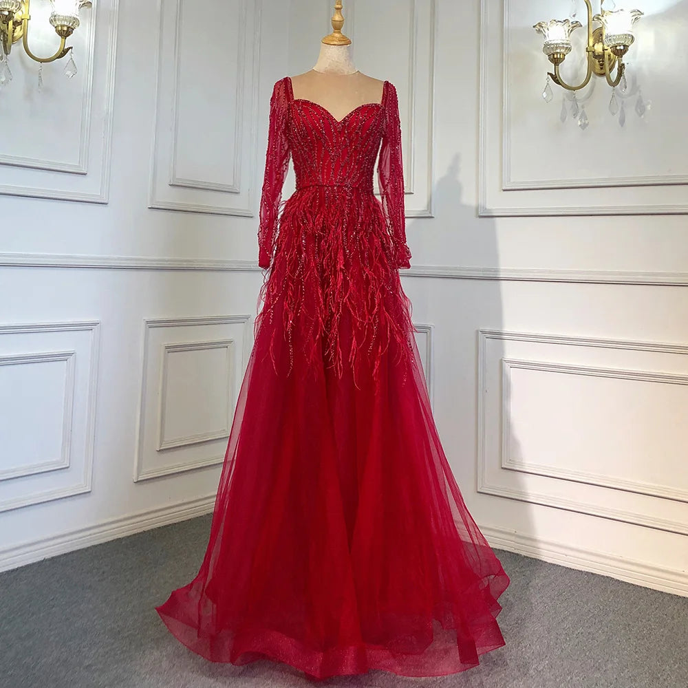Serene Hill Arabic Red Elegant A Line For Women Long Sleeves Evening Dress Luxury Beaded Handmade Feathers 2024 LA71468