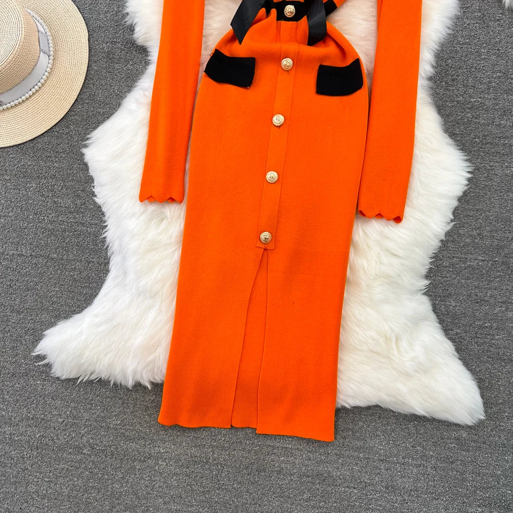 Women Elegant Butterfly Long Sleeve Bodycon V Neck Split Dress Vintage French Slim Knit Tight Vestido Autumn Winter Sweater Robe
