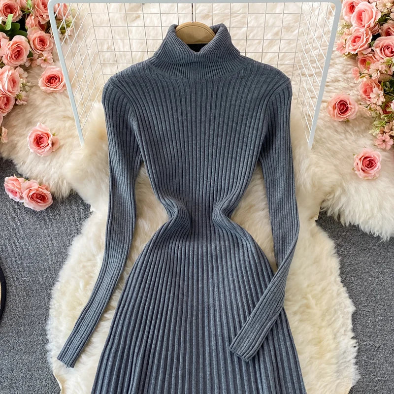 Women Chic Turtleneck Long Sleeve Sexy A-line Sweater Dress Vintage Korean Fashion Knit Vestido Elegant Autumn Winter Knitwear