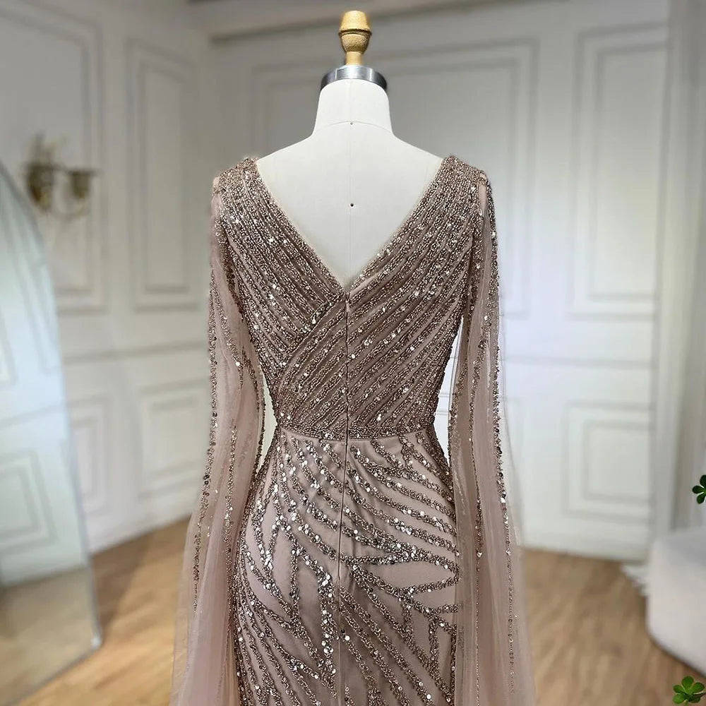 SERENE HILL 2024 Arabic Dubai Caramel Mermaid Luxury Beaded Evening Dresses Cape Sleeves Gowns For Women Wedding Party GLA71493A