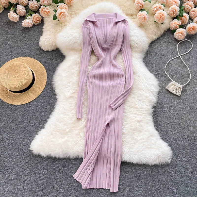 Women Chic Elegant Long Sleeve Split Bodycon Midi Dress Sexy French Fashion Knit Wrap Vestidos Elastic Slim Pencil Sweater Dress