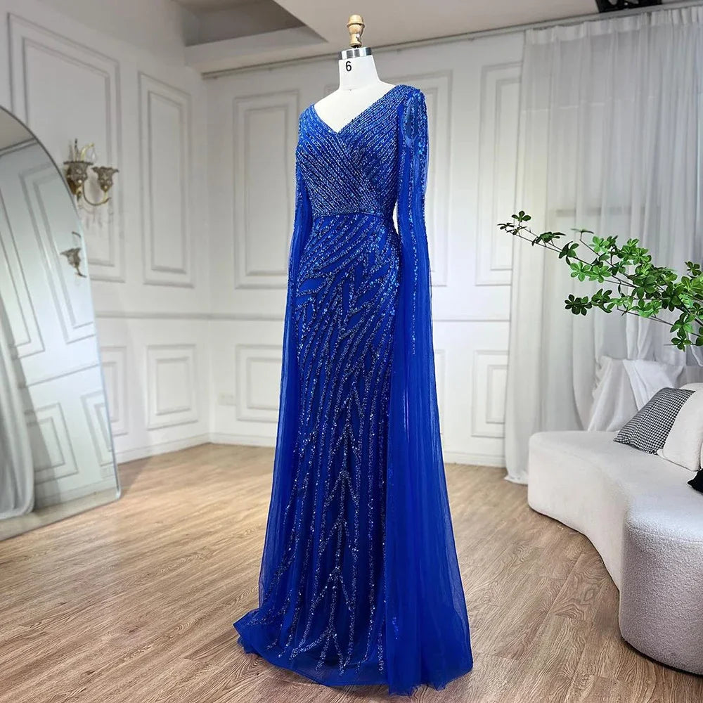 SERENE HILL 2024 Arabic Dubai Caramel Mermaid Luxury Beaded Evening Dresses Cape Sleeves Gowns For Women Wedding Party GLA71493A