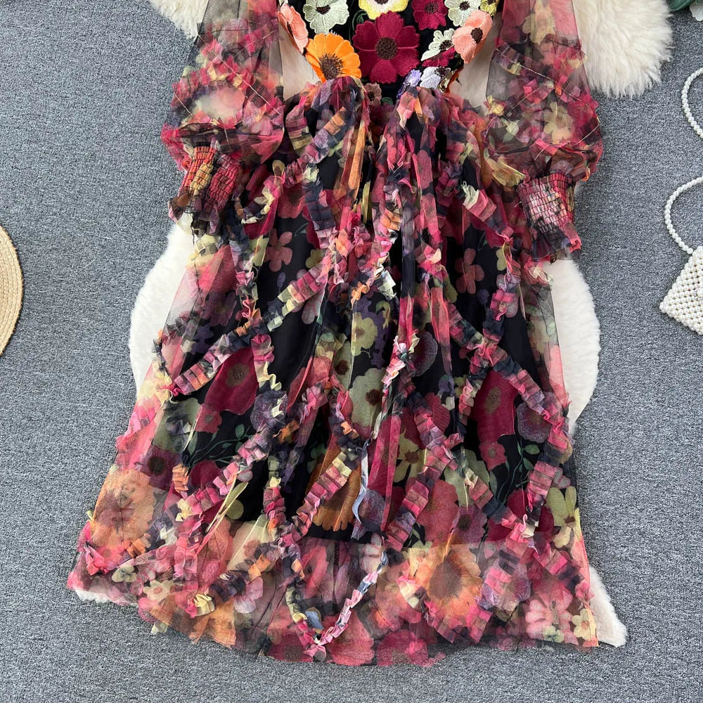Retro Print Embroidery Elegant Mesh Dress A-line O-neck Long Sleeve Casual High Waist Dress Women Summer