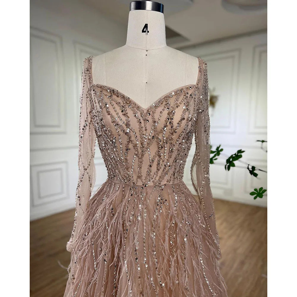 Serene Hill Arabic Red Elegant A Line For Women Long Sleeves Evening Dress Luxury Beaded Handmade Feathers 2024 LA71468