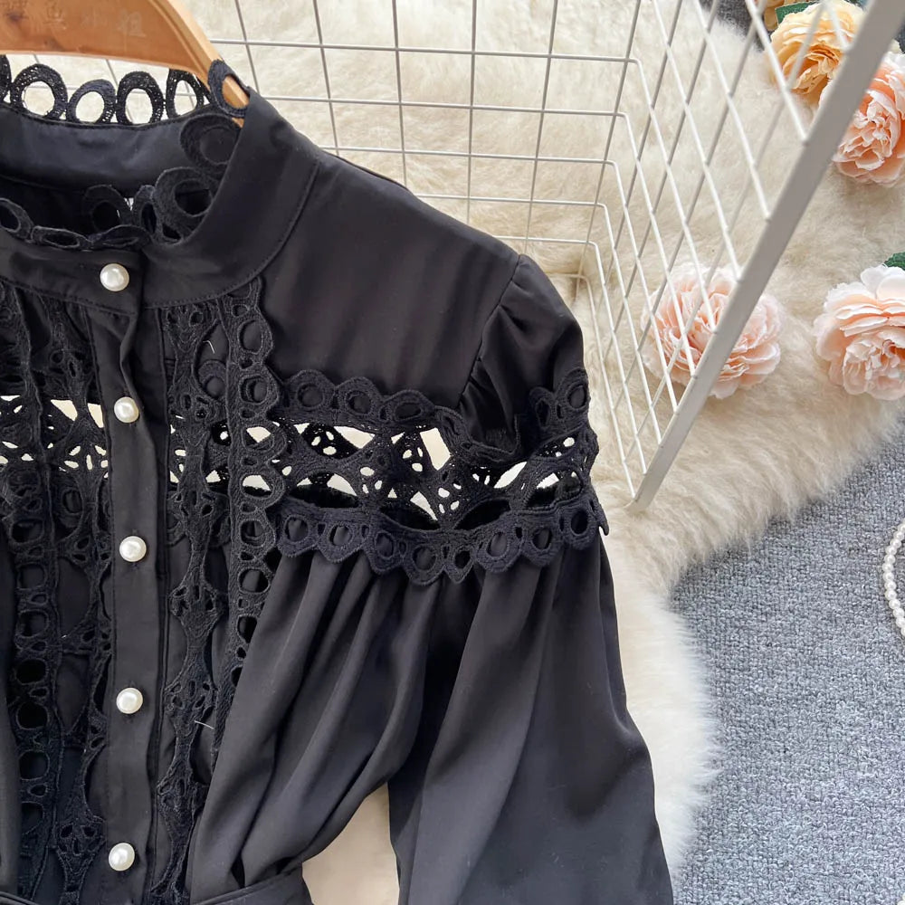 2023 Spring Summer Holiday Dress Women Stand Collar Long Sleeve Button Up Embroidery Trim Luxury Elegant Mini Dress With Belt