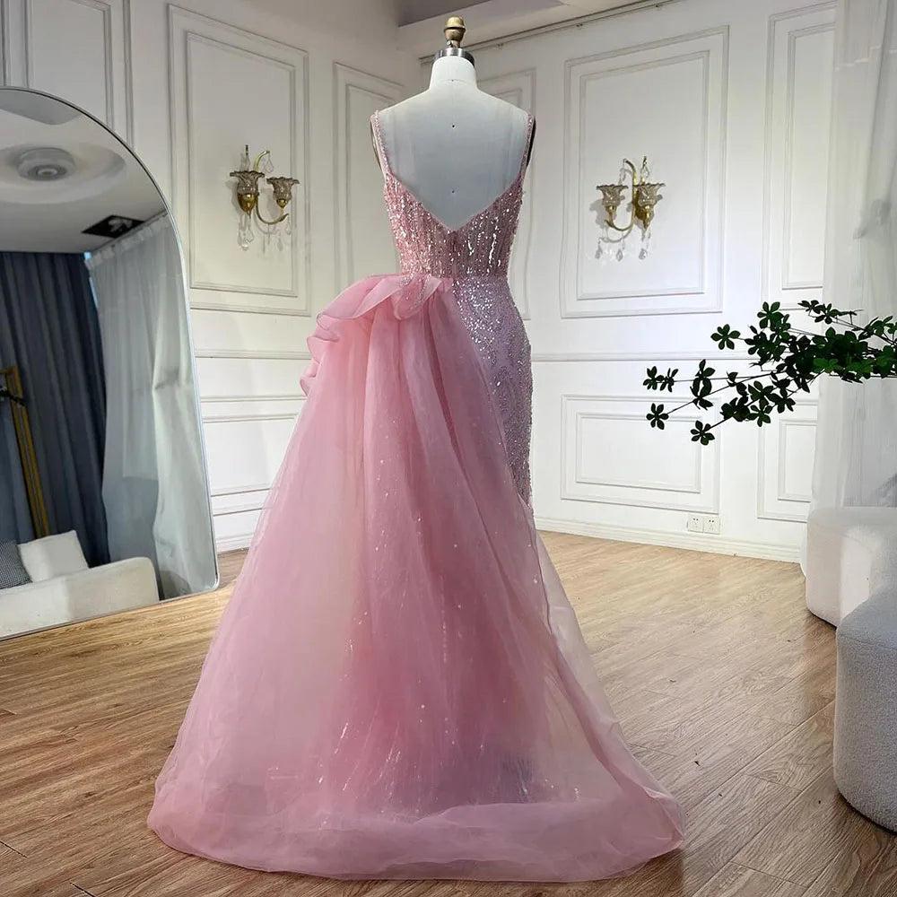 SERENE HILL 2024 Turquoise Spaghetti Strap Luxury Beaded Evening Dresses Mermaid Elegant Overskirt Gown For Women Party GLA72378