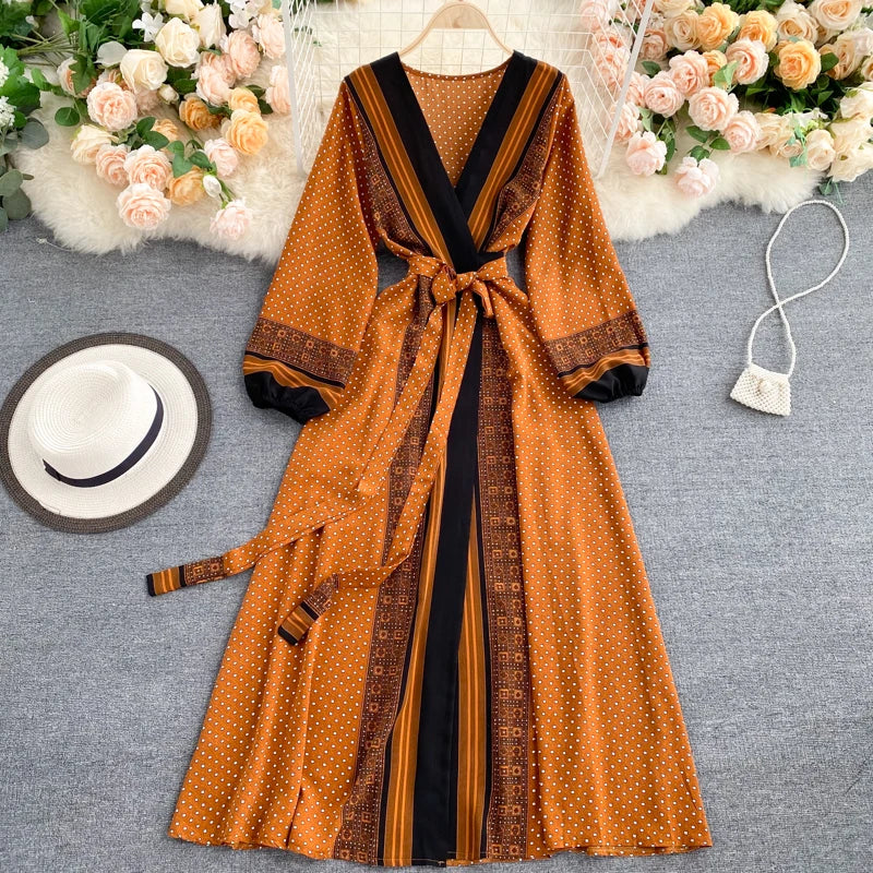 Vintage Print Elegant Puff Sleeve One Piece Dress A-line Lace-up Beach Vacation Midi Dress Women Fashion Spring Autumn Vestidos