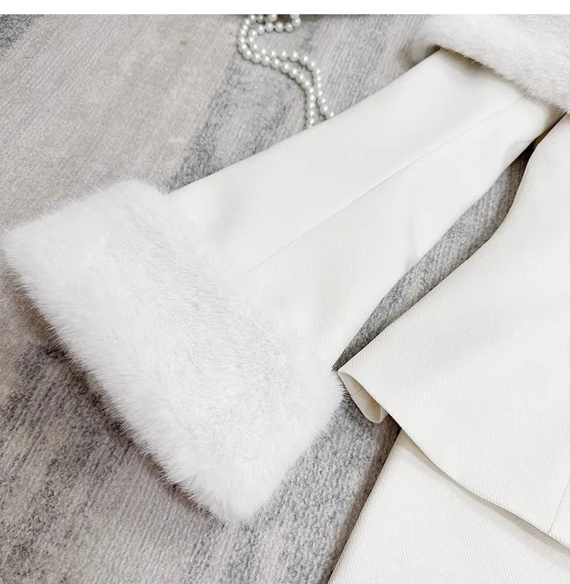 Off Shoulder Removable Faux Fur Shawl 2-Piece Set Elegant Luxury Old Money Style Set Coat+Hip Wrap Short Skirt Spring Female