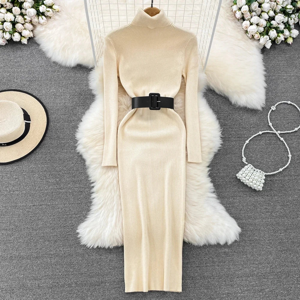 Elegant Turtleneck Long Sleeve Knit Soft Tight Pencil Dress with Belt Slim Fashion Warm Sweater Vestido Sexy Women Winter Robe