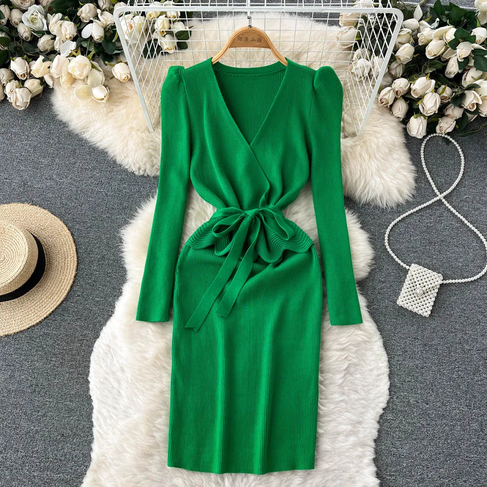 Women Long Sleeve V Neck Sexy Knit Bodycon Dress Chic Vintage Lace Up French Fashion Vestidos Party Elegant Fashion Dresses Y2k